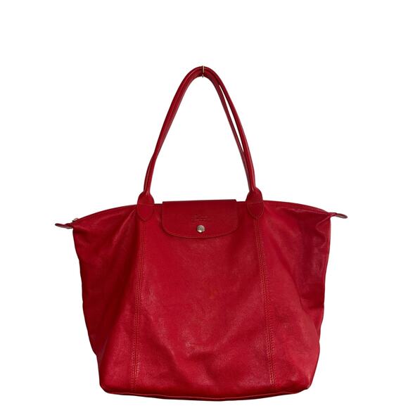 LONGCHAMP Leather Tote Le Pliage Vibrant Red Long Handles Shoulder Bag FRANCE - Picture 2 of 14